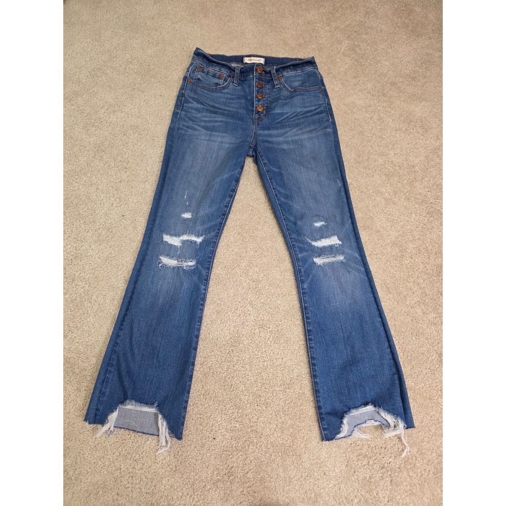 Madewell Cali Demi-Boot Jeans Distressed Raw Hem Button Fly Blue Denim Size 26
